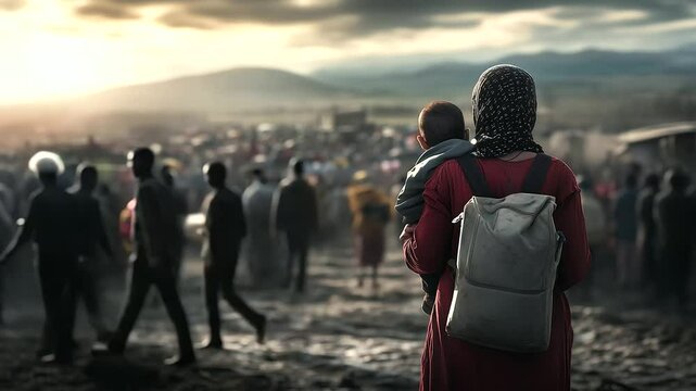 The weary back of a mother carrying her child, both dressed in worn clothes, walking amidst a crowd of displaced people, representing the dire need for humanitarian assistance