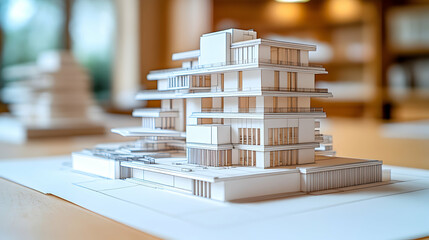 Architectural model of a multi-story building, showcasing design details and layout