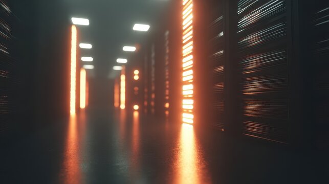 Dark server room illuminated by orange light.