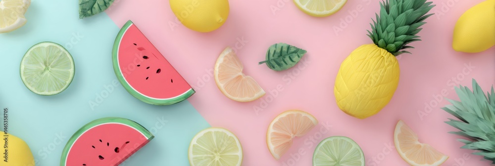 Aufkleber Vibrant Arrangement of Sliced Tropical Fruits on Soft Pastel Background Showcasing Summer Freshness and Color Generative AI