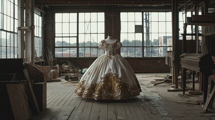 Elegant ballgown displayed in an abandoned industrial space.