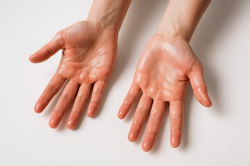Hands showing signs of excessive sweating, with moist and shiny skin, potentially indicating hyperhidrosis, on a white background