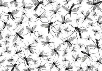 A dense pattern of black and white mosquitoes scattered across a plain white background design view
