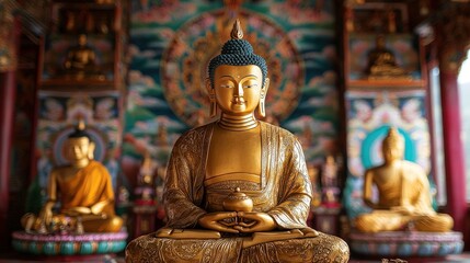 Obraz premium Golden Buddha statue seated in meditation inside an ornate, colorful temple.