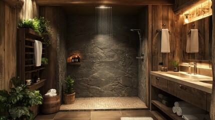 Rustic cabin bathroom, spa-like shower
