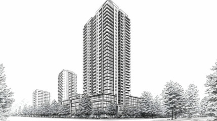 Modern high-rise apartment complex design, featuring multiple towers, surrounded by greenery