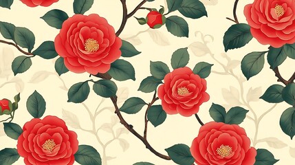 Seamless pattern of vibrant red camellia blossoms and foliage.