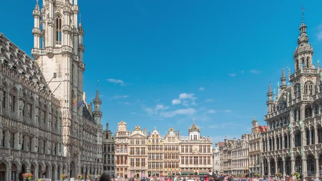 The Grand-Place (Grote Markt) timelapse hyperlapse in Brussels, Belgium. Brabantine Gothic Town Hall, Baroque guildhalls and bustling tourists in the historic city center. UNESCO World Heritage Site