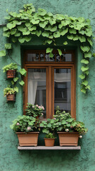 Ornate window with lush greenery and potted plants