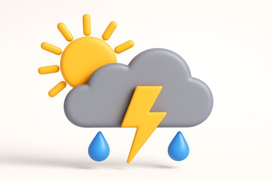 Playful weather icon showing a sun, storm cloud with lightning, and raindrops in bright colors