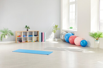 Empty room filled with equipment in a physiotherapy and rehabilitation center, clinic, or hospital...
