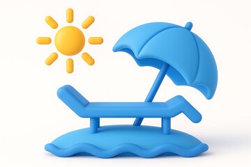 Cartoon beach scene with a blue lounge chair, colorful umbrella, and a bright yellow sun