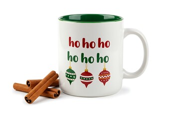 A christmas mug with ho ho ho and ornaments with cinnamon sticks on a white background for the holidays