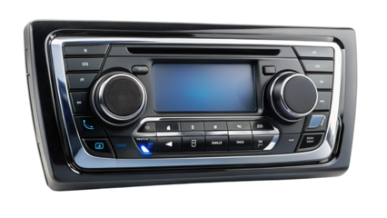 Automotive Audio System with Screen and Buttons on Black Background