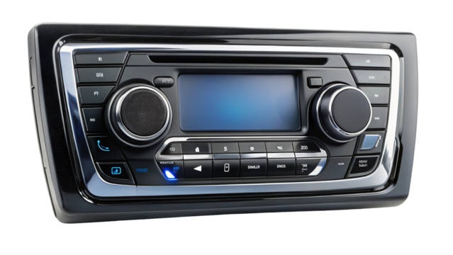 Automotive Audio System with Screen and Buttons on Black Background