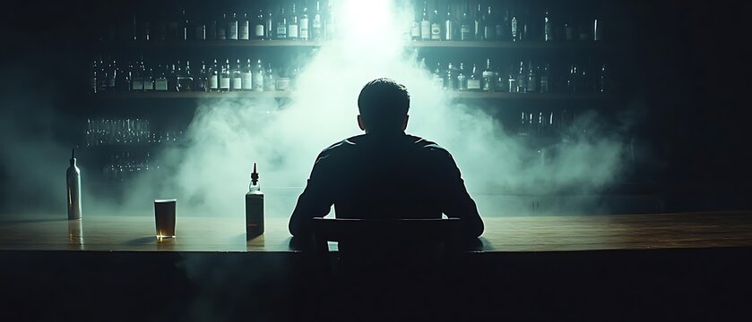 Man alone at bar, smoky, dark