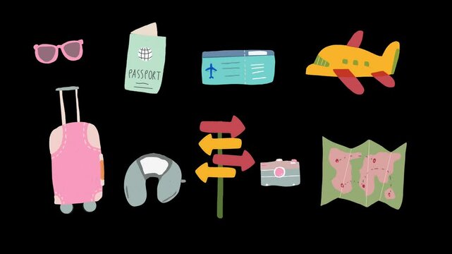 Cute animated hand-drawn travel elements including pink sunglasses, passport, airplane ticket, luggage, airplane, neck pillow, direction sign, camera, and a folded map
