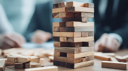 Wooden blocks tower teetering precariously on a table.