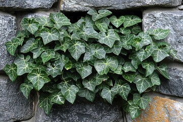Lush green ivy grows from stone wall niche