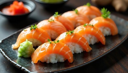 Colorful sushi platter, soy sauce, wasabi, ginger, food, asian