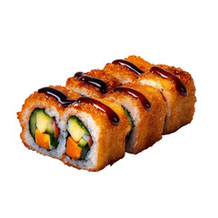 Single vegan tempura sushi roll with crunchy coating and vibrant veggie filling, soy drizzle detail, on transparent background