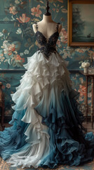 Elegant ruffled gown with ombre blue and white layers and intricate black lace bodice on a mannequin in a vintage floral room