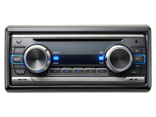 Close up of a car stereo system with illuminated buttons and knobs