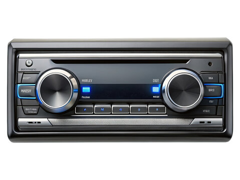 Close up of a car stereo system with illuminated buttons and knobs