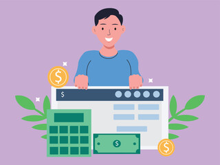 Flat vector illustration of Salary payment, Online payroll on Computer screen and calculator calculation flat cartoon.Financial and Business concept.
