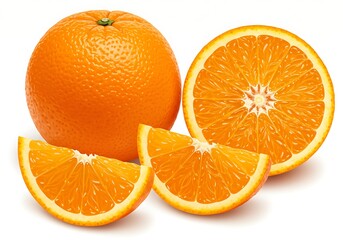 A vibrant still life featuring a whole orange with slices against a clean white background image