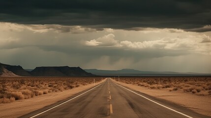 Empty road stretching into a stormy sky over a desert landscape
