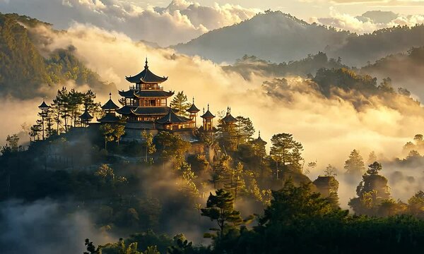 Serene mountain landscape featuring a traditional pagoda surrounded by misty clouds and lush pine trees, capturing a tranquil sunrise atmosphere