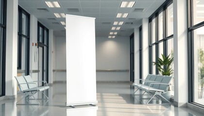 Empty roll-up banner stand ready for your message in a bright waiting area, ideal for advertisement and marketing mockups