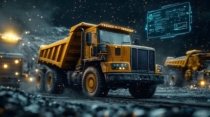 A large imposing mining truck navigates a snowy open pit quarry its digital holographic interfaces providing critical information and controls for the operator