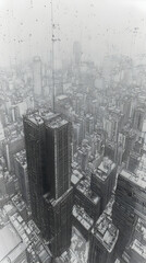High-angle view of a cityscape, filled with numerous buildings, seen from above, with a cold, gray tone