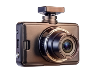 A sophisticated and technologically advanced bronze dashcam with intricate detailing against black backdrop