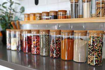 Organized Spices in Glass Jars on a Kitchen Counter