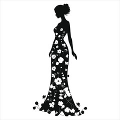 Vector Silhouette of a Woman in a Floral Gown(Spring floral dress)//A graceful profile view of a woman wearing a long, flowing gown adorned with delicate floral patterns.