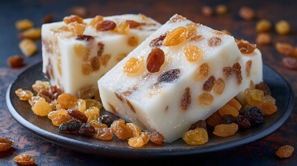 Delectable dessert cubes, generously speckled with an array of colorful, juicy raisins.