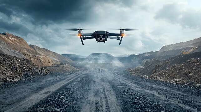 A drone equipped with advanced mapping and visualization technology hovers above an open pit mining site projecting a detailed 3D hologram map of the terrain to aid in resource and management