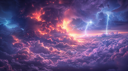 Epic fantasy sky scene filled with glowing storm clouds, fiery eruptions, and electric lightning bolts above a surreal cloudscape