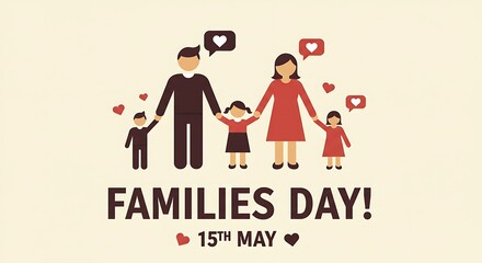 Stylized Happy Family Holding Hands Celebrating Families Day on May 15th with Hearts in a Flat Design, Illustrating Familial Love and Unity with Simple Shapes