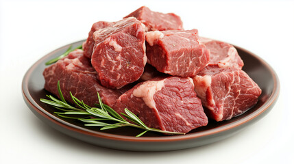 Fototapeta premium Uncooked beef cuts, rich texture, herbs, juices on dark plate over pure white surface