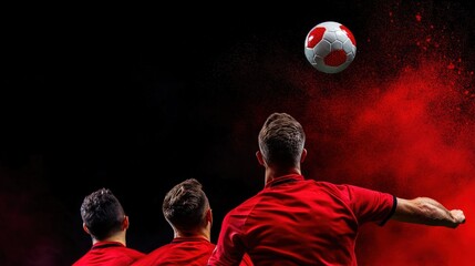 Three Soccer Players Watching a Ball in Mid-Air Against a Red Powder Background