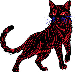 Stylized Black Cat with Red Stripes and Glowing Eyes – Vector Line Art