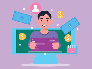 Flat vector illustration of Salary payment, Online payroll on Computer screen and calculator calculation flat cartoon.Financial and Business concept.