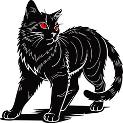 Fierce Black Cat Vector Line Art with Glowing Red Eyes