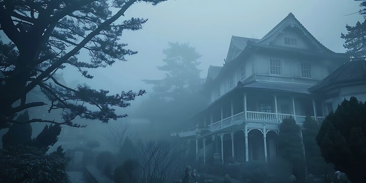 Eerie japanese mansion in mist with trees and a path captured in a beautiful photo