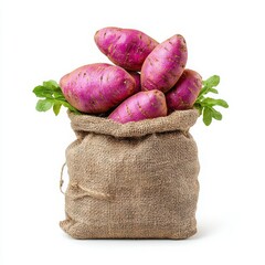 Freshly Harvested Purple Sweet Potatoes in a Jute Sack on a White Background