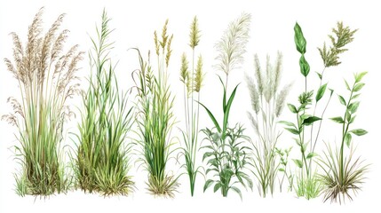 Fototapeta premium Illustration of different types of ornamental grasses with labeled names